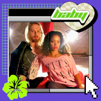 a man and a woman are posing in front of a purple screen