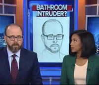 a man and a woman sitting in front of a news station