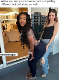 two women posing for a photo with the caption when your coworker is completely different