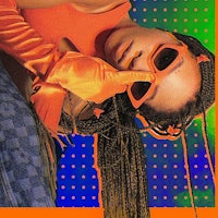 a woman with dreadlocks is posing in front of a colorful background