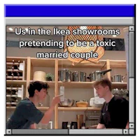 a man and woman in a kitchen with the text, using the ikea showrooms pretending to be a toxic married couple