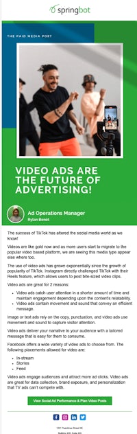a green and white flyer with the words'video marketing' and a picture of a man and a woman