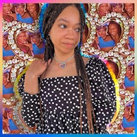 a woman in a black polka dot dress standing in front of a collage of hearts